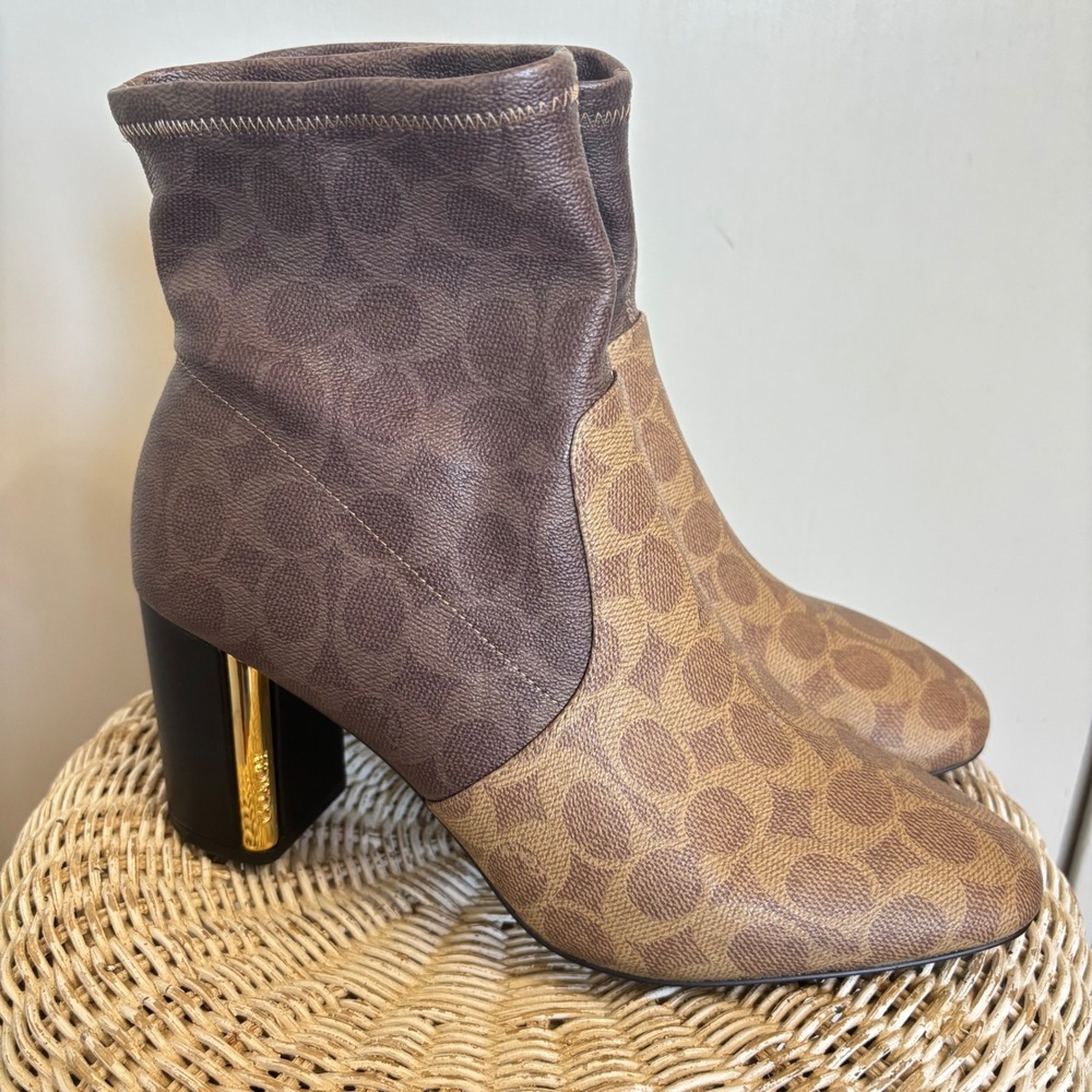 Coach Margot Signature Canvas Block Heel Ankle Sock Boots Brown Tan Womens 11B - Picture 4 of 8